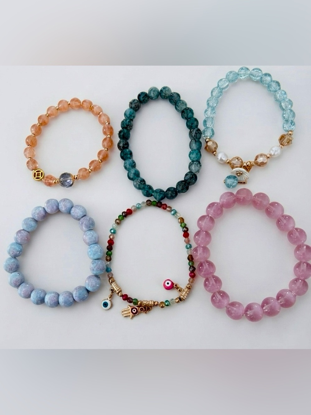 Colorful bohemian Stacked Pink and Green Gemstone Bead Bracelet Set - Picture 2 of 2